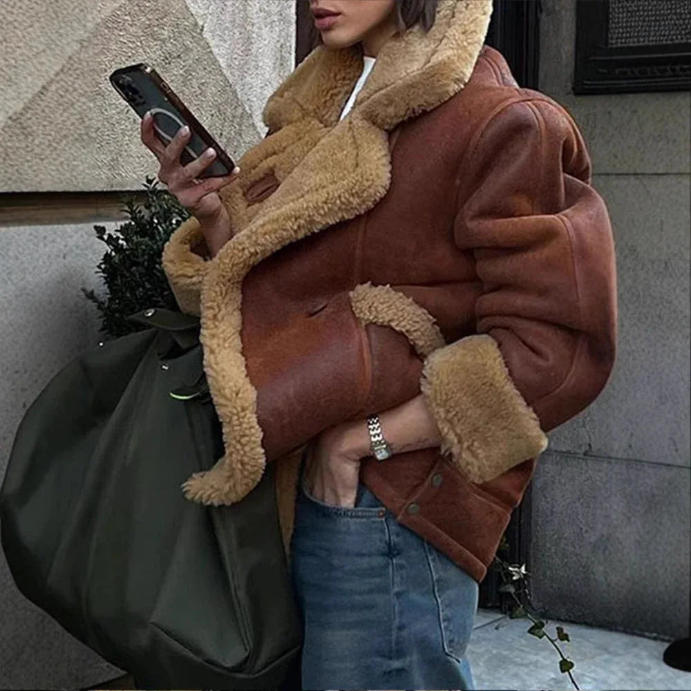 Chaqueta de una pieza en piel vegana con cuello de borrego para mujer