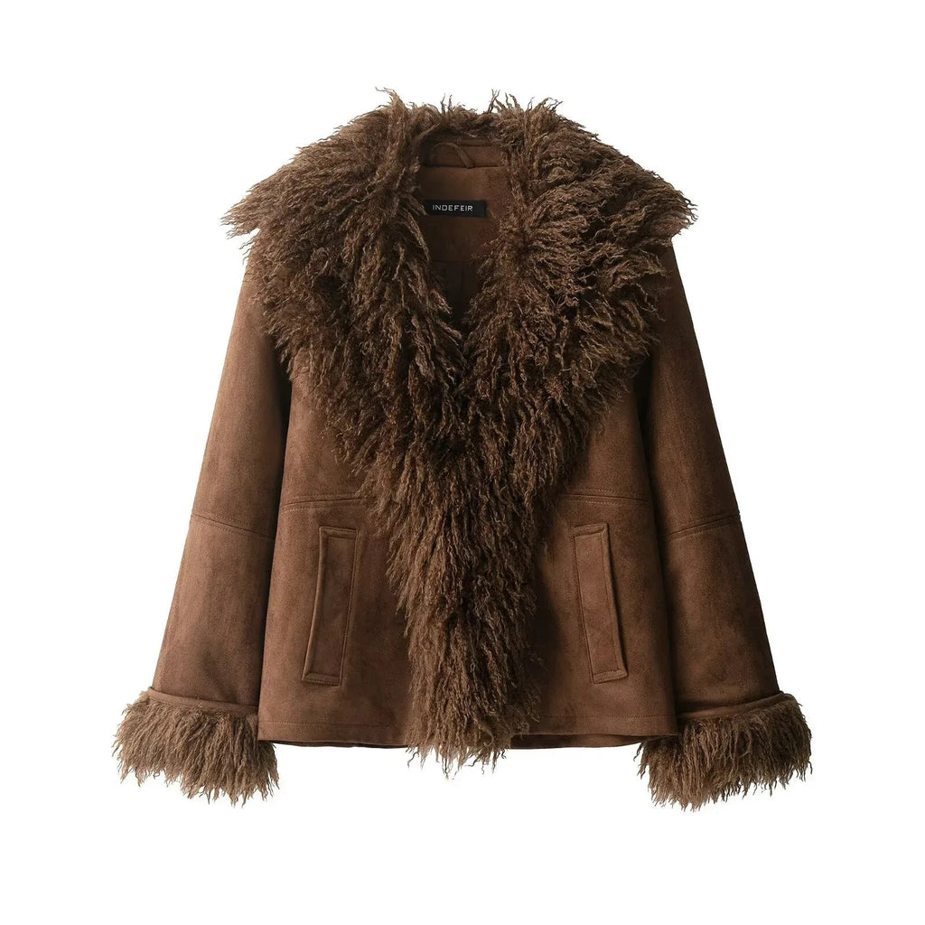Chaqueta de Piel Sintetica Mujer con Cuello de Pelo - Abrigo Elegante