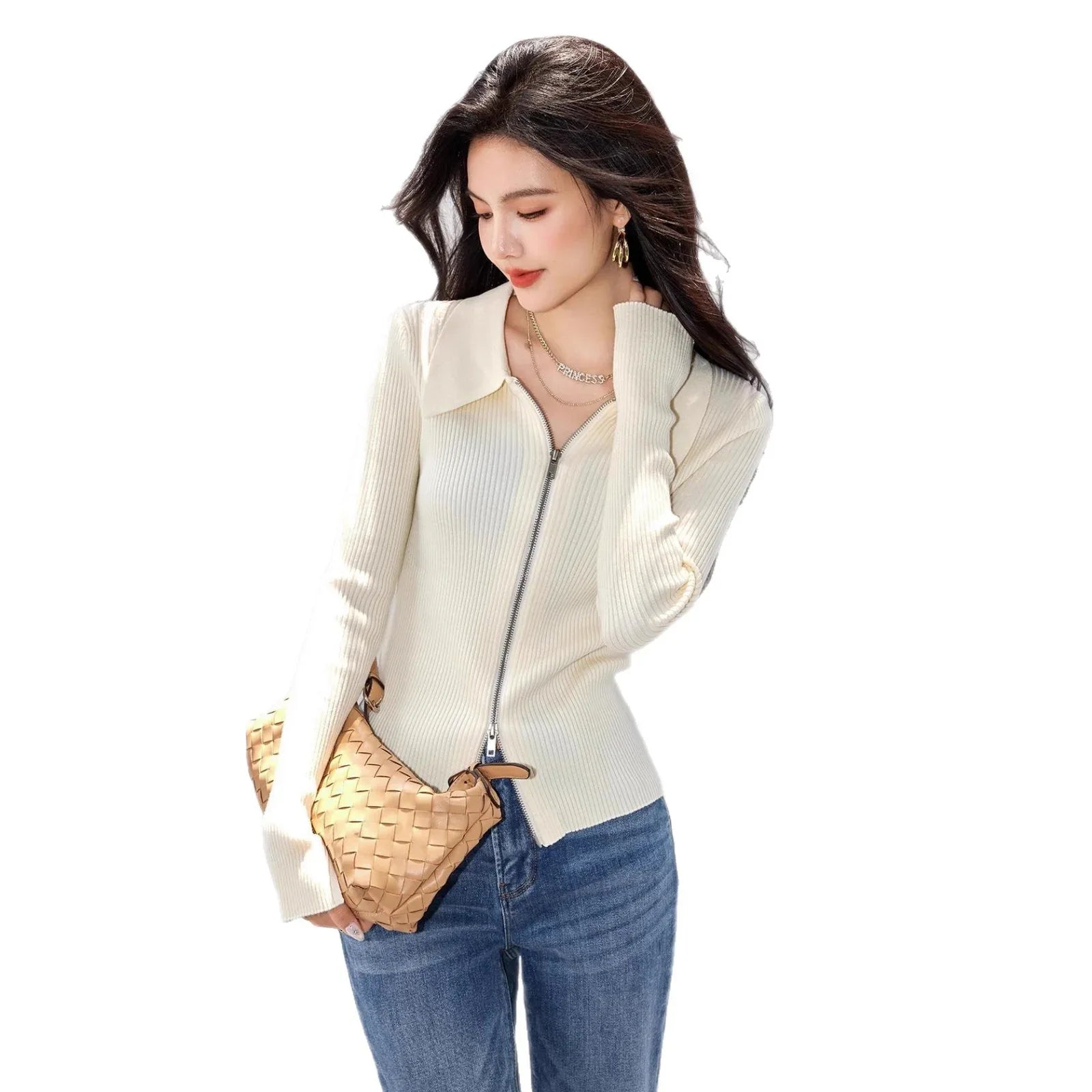 Suéter de punto con cremallera y cuello camisero de mujer