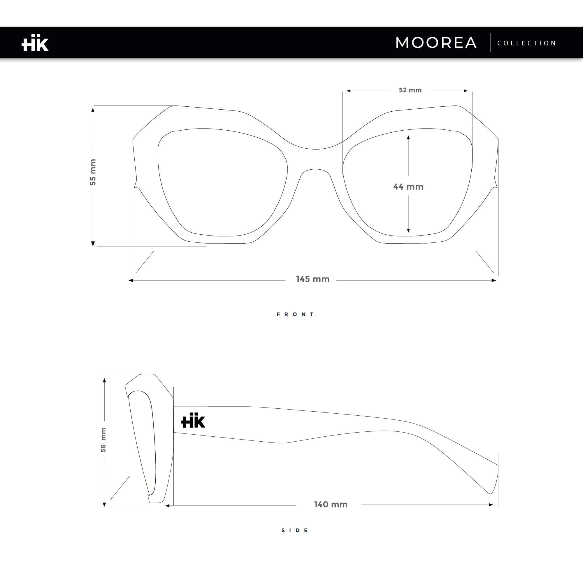 Esquema de dimensiones de las gafas de sol Hanukeii® Moorea Black / Black, mostrando medidas frontales y laterales.