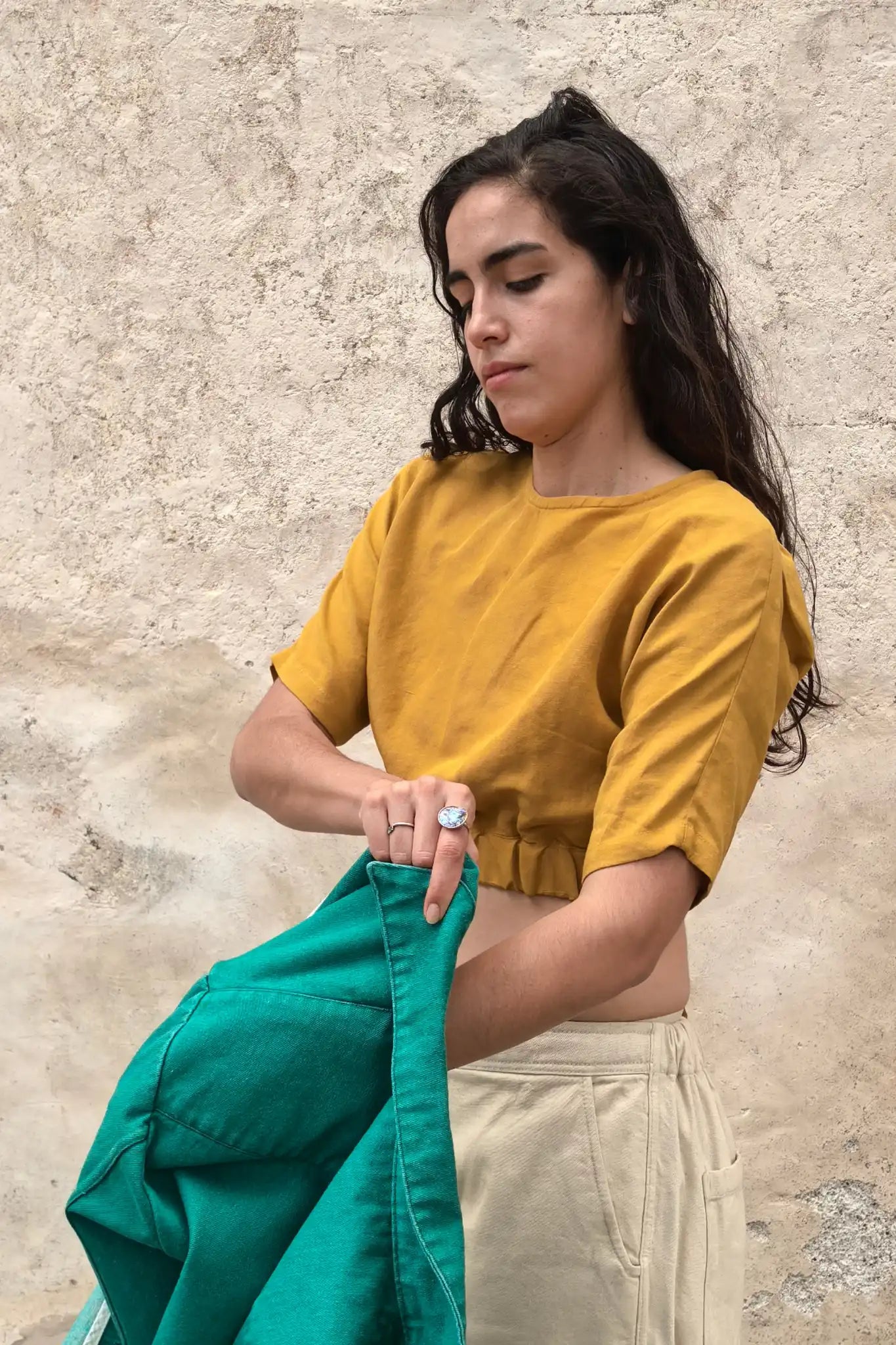 Arugula Linen-Blend Open Back Crop Top